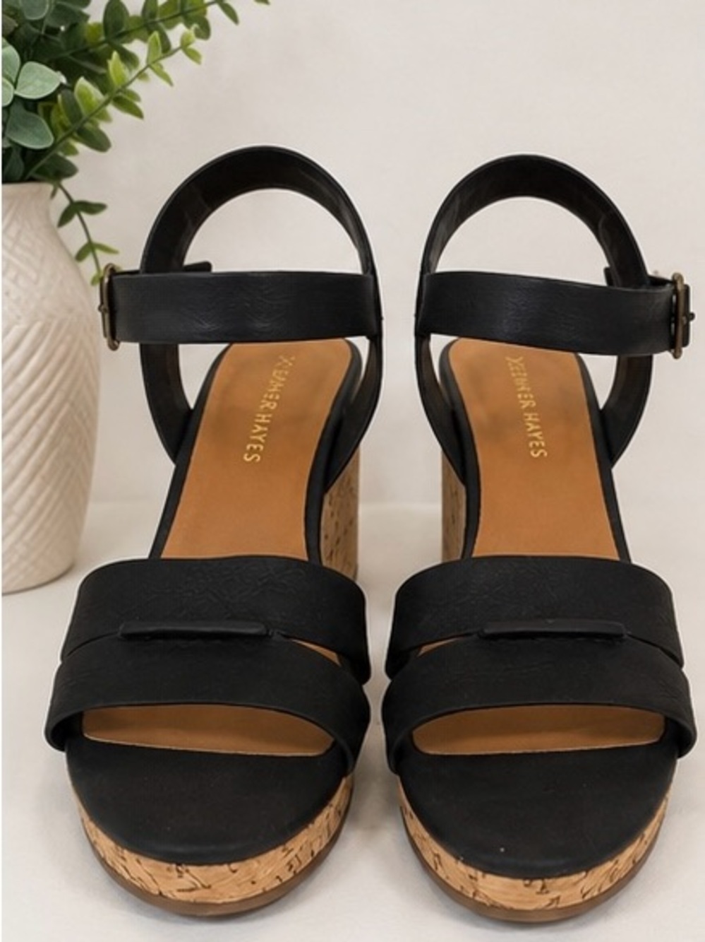 Denver Hayes Black Cork Wedge Sandals – Size 8